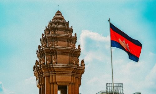 Cambodian monument and flag.